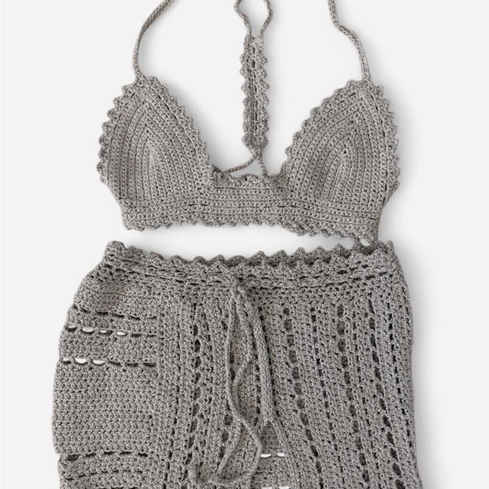 Crochet Two-Piece Skirt Set in Gray / Shimmer Silver - S/M